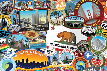 California mini micro jigsaw puzzle featuring a collage of landmarks and cities