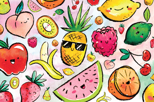 Funny mini jigsaw puzzle featuring pineapples, lemon, lime kiwi micro strawberry peach and orange