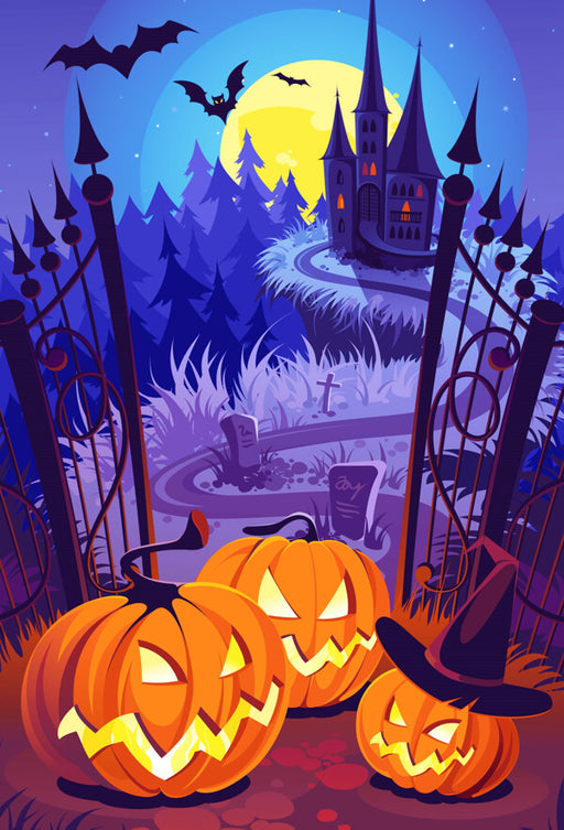 Funny creepy halloween scene jigsaw puzzle mini micro bat jack o'lantern haunted house gate moon