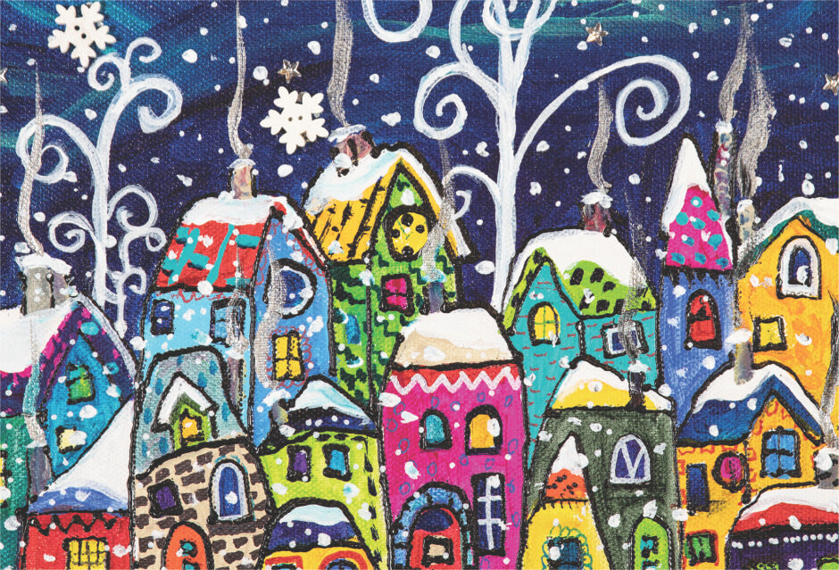 Winter village with snowfall by artist Jen Cameron